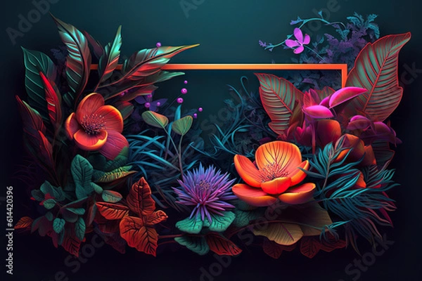 Fototapeta Exotic Botanical Oasis Tropical Leaves and Large Exotic Flowers Frame. created with Generative AI