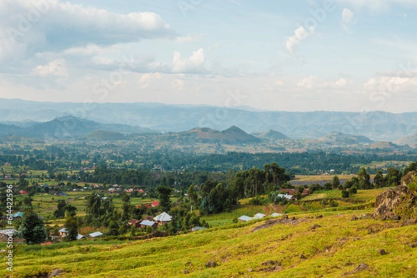 Fototapeta Aerial view of Kisoro Town seen from Mount Muhabura with Lake Mutanda on the background, Uganda