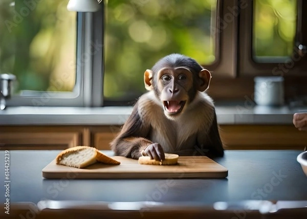 Fototapeta Cute monkey eating bread, using generative ai