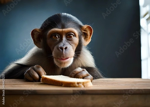 Fototapeta Portrait of chimpanzee eating bread, using generative ai 