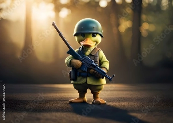 Fototapeta Cute soldier duck with a rifle, ai generative