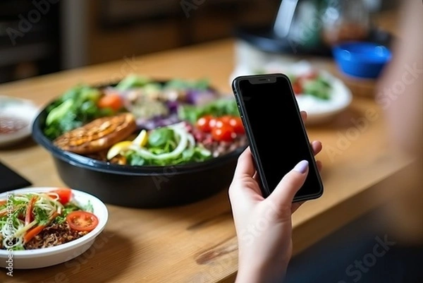 Fototapeta Using smartphone to order food delivery (Ai generated)
