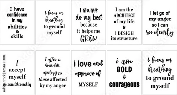 Obraz Set of 10 doodle self-confidence affirmation quotes typography poster bundle. Affirmation phrase inspiration quote design for flyer, banner, posting, scrapbooking, or journaling.