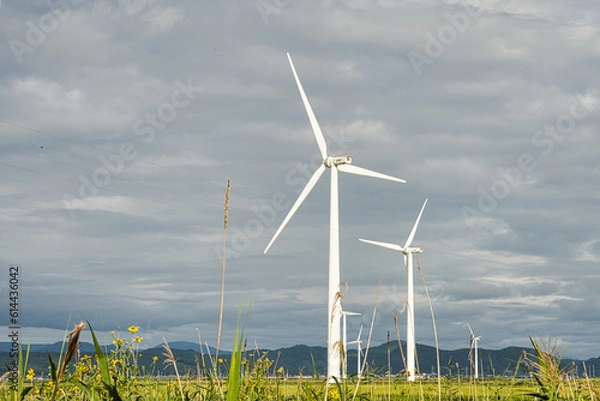 Fototapeta 風力発電の風車と曇り空