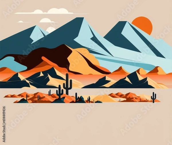 Fototapeta desert landscape with mountains and cacti, colorful illustration 