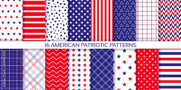 Fototapeta 4th July patriotic backgrounds. American seamless patterns. America independence day prints with stars, stripes and check. Collection geometric textures. Blue red modern wallpaper. Vector illustration