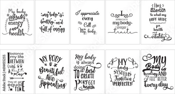 Obraz 
Set of 10 doodle health affirmation quotes typography poster bundle. Affirmation phrase inspiration quote design for flyer, banner, posting, scrapbooking or journaling.