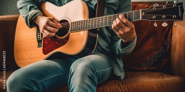 Fototapeta Man in a red shirt and blue jeans sitting on the couch and tuning a guitar , concept of Musical Performance, created with Generative AI technology