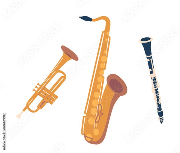 Fototapeta Saxophone, Trumpet, And Clarinet Are Some Of The Iconic Musical Jazz Instruments That Bring Rhythm, Harmony And Soul