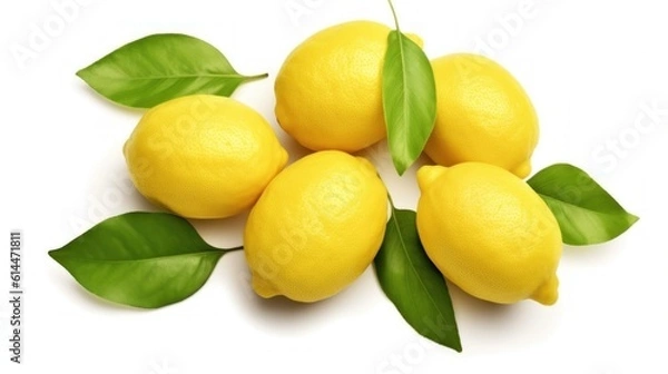 Fototapeta Set of lemons and leaves, isolated on white background macro lens realistic lighting