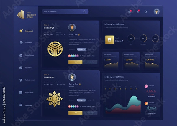 Fototapeta Infographic NFT dashboard. UI design with graphs, charts and diagrams. Web interface template for business presentation