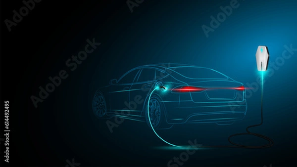 Fototapeta Electric car at charging station. Abstract Electric Power Charger EV Clean Energy Alternative Energy electric charger concept. Electronic vehicle power dock. Vector illustration.