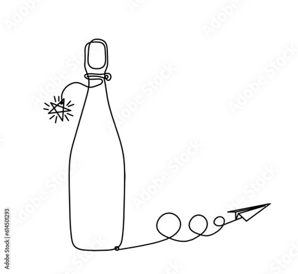 Fototapeta Drawing line bottle of champagne or wine with paper plane on the white background