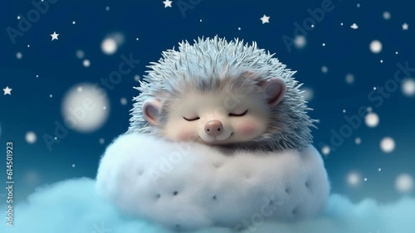 Obraz a little hedgehog sleeps on a cloud watercolor. Generative AI
