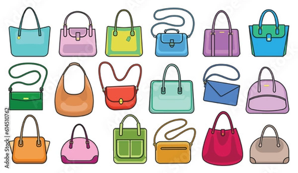 Fototapeta Woman bag isolated color set icon. Vector illustration handbag on white background. Vector color set icon woman bag.