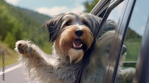 Obraz Funny happy dog shows paw peeking out car window while traveling. AI generation