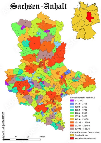 Obraz Federal state Sachsen - Anhalt population by postal code map with Germany vector map 