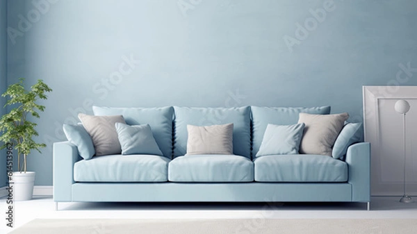 Fototapeta interior with blue sofa and empty wall and decoration.ai generative, illustration,