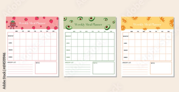 Fototapeta Set of 3 weekly meal planners and shopping grocery list, breakfast, lunch, dinner. Weekly template menu. Printable and digital planner
