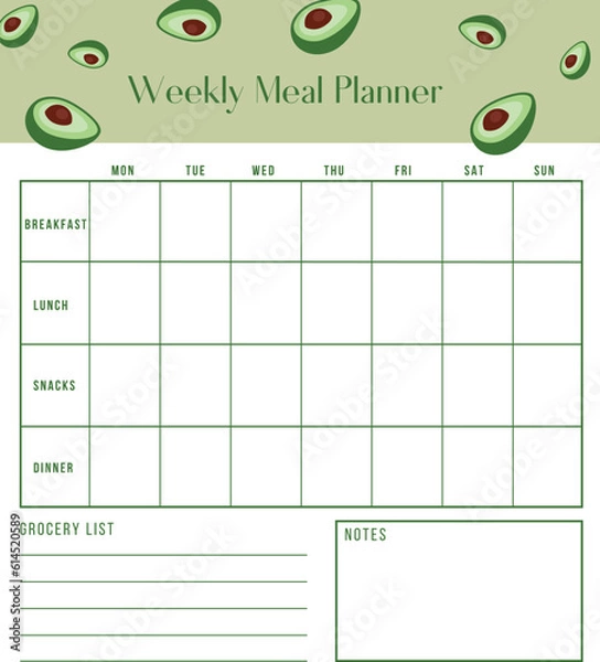 Fototapeta Weekly meal planner and shopping grocery list, breakfast, lunch, dinner. Weekly template menu. Printable and digital planner
