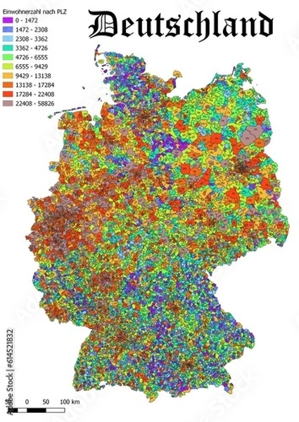 Obraz Germany map population by postal code map 
