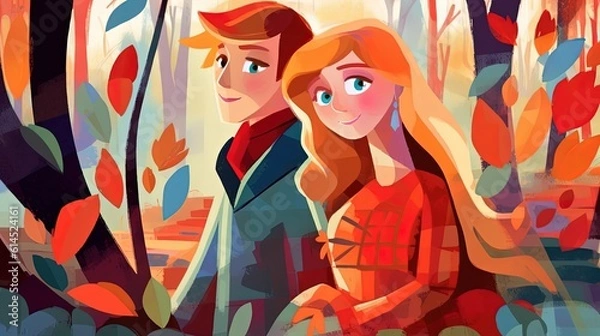 Fototapeta art illustration cute couple cuddle while walking in autumn woods, Generative Ai