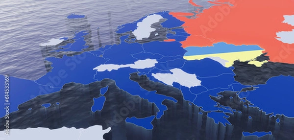 Fototapeta 3D Rendered Map of Europe with NATO memeber countries in blue, non-NATO in grey, Ukraine in blue and yellow and Russia and Belarus in red colors