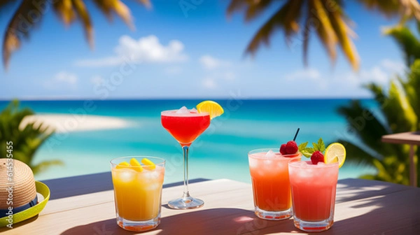 Fototapeta Cocktails on a tropical beach with palm trees and turquoise water. Summer vacation concept. Teasty cocktail. Beautyful background. Generative AI technology.