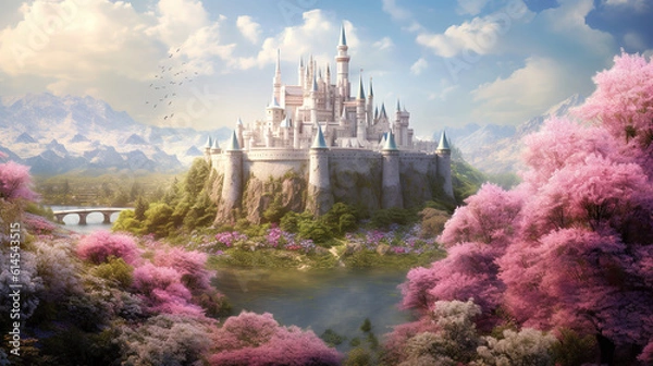 Fototapeta a beautiful fairytale inspired castle illustration with pink trees in front, ai generated image