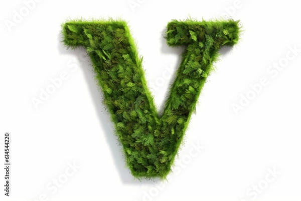 Fototapeta A letter v with grass on a white background, eco text effect, isolated letter with grass effect high quality