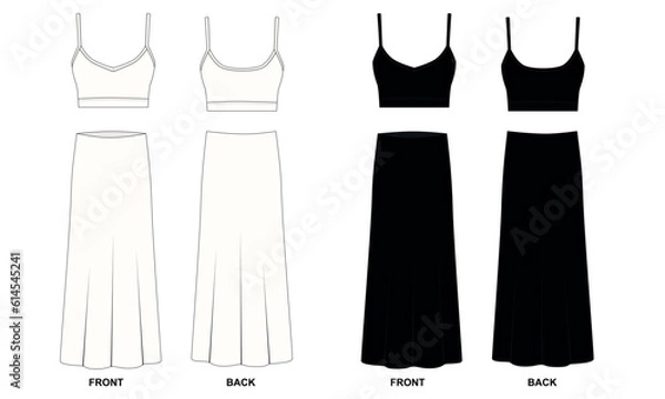 Fototapeta Collection of vector drawings of tops and skirts in white and black. Short tank top and long skirt templates front and back view. Set of modern women's summer clothes, vector.