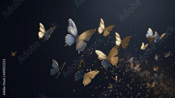 Fototapeta Butterfly's in navy blue and gold smoke with shiny glitter particles, abstract graphic background of butterfly, website banner background AI