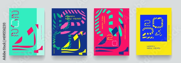 Fototapeta 2024 Year. Set of Happy New Year and Merry Christmas. Abstract design typography logo banner, poster, card. Holiday modern number. Vector illustration 