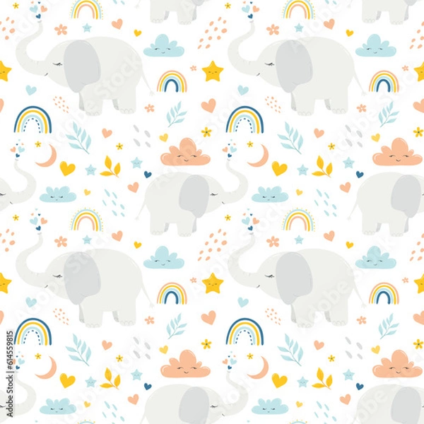 Fototapeta Cute elephant seamless pattern for baby shower decor, nursery print, kids apparel, wrapping paper, fabric, and textile. Seamless pattern with cute elephants, clouds and florals on white background.