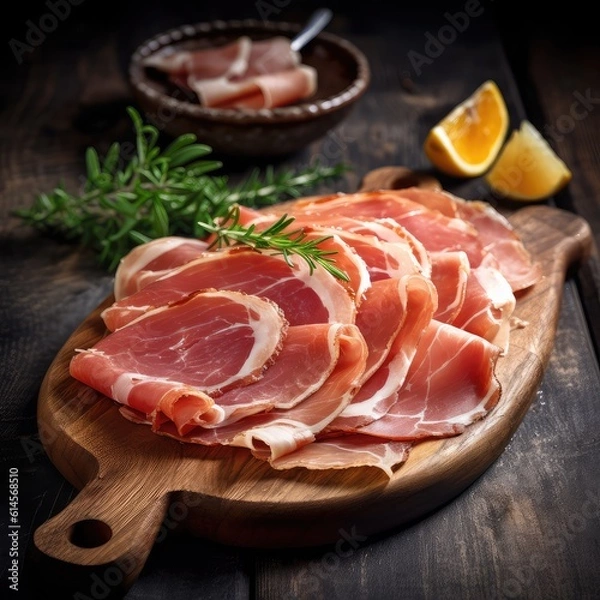 Obraz Prosciutto slices with figs on a dark wooden board.appetizer ,from dry ,cured ham, rustic style,..Prosciutto slices with figs on a dark wooden. Generative AI illustration.