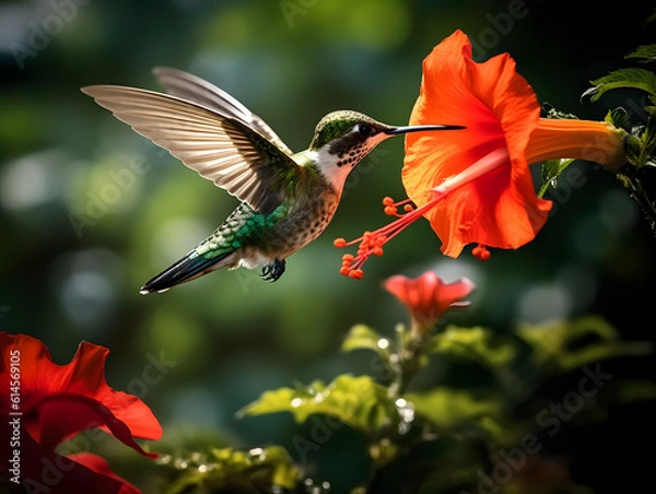 Fototapeta a hummingbird flying near a flower, in the air with its wings spread out and its wings spread wide open, with a blurry background of red flowers in the foreground. generative ai