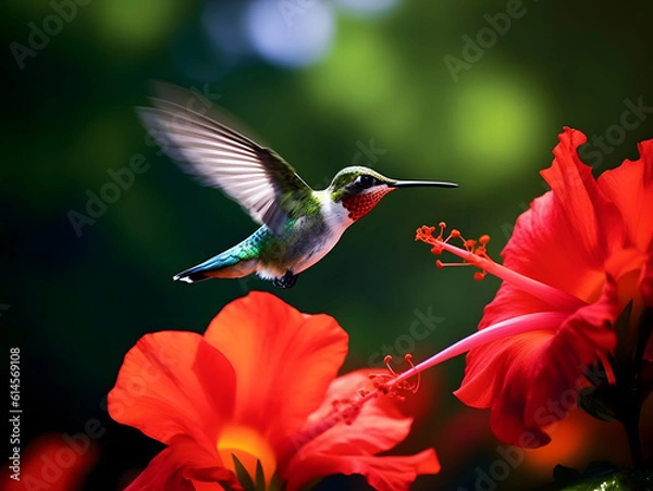 Fototapeta a hummingbird flying near a flower, in the air with its wings spread out and its wings spread wide open, with a blurry background of red flowers in the foreground. generative ai