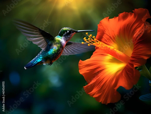 Fototapeta a hummingbird flying near a flower, in the air with its wings spread out and its wings spread wide open, with a blurry background of red flowers in the foreground. generative ai