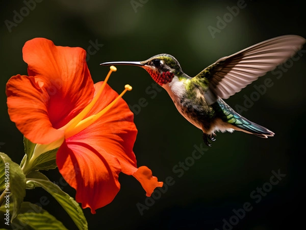 Fototapeta a hummingbird flying near a flower, in the air with its wings spread out and its wings spread wide open, with a blurry background of red flowers in the foreground. generative ai