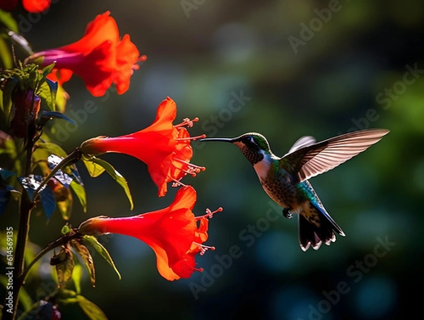 Fototapeta a hummingbird flying near a flower, in the air with its wings spread out and its wings spread wide open, with a blurry background of red flowers in the foreground. generative ai