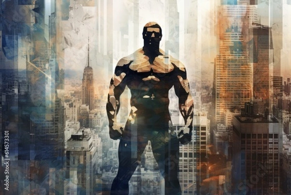 Fototapeta Painting of a man in gym, standing in front of a big city. Generative AI