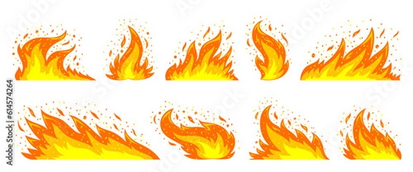 Fototapeta Fire flames with sparks big set. Bright fireball, red heat wildfire, fiery bonfire, blaze campfire, ignition flat cartoon elements on white background. Orange flaming symbols. Energy power of fires