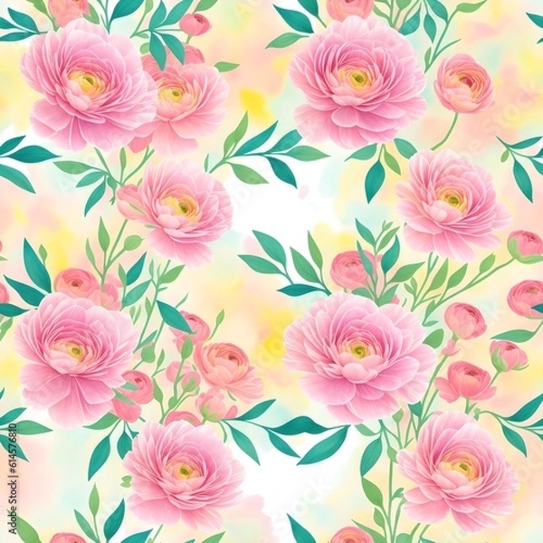 Fototapeta Ranunculus flower. Vintage seamless floral pattern. Background of small flowers. Small flowers scattered over a background. Stock for printing on surfaces. Realistic flowers. Generative AI. 