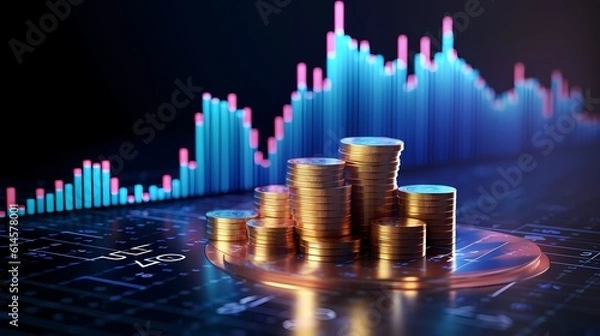 Fototapeta 3D coin background with a blue finance graph - Created using generative AI tools