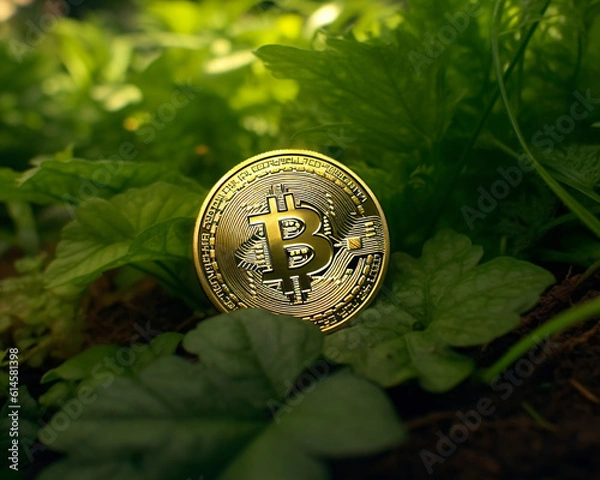 Obraz Bitcoin is green and growing in the wild. Eco friendly Bitcoin.