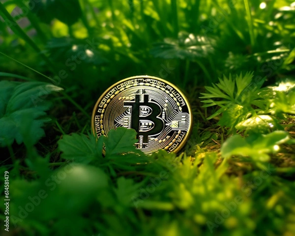 Obraz Bitcoin is green and growing in the wild. Eco friendly Bitcoin.