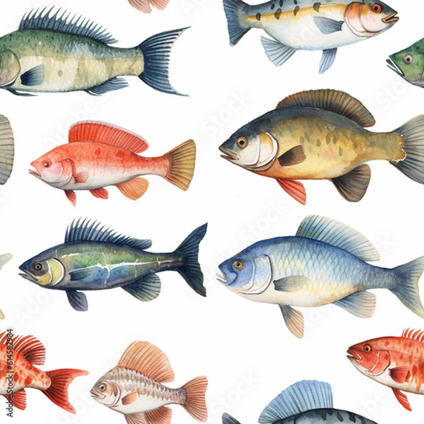 Fototapeta Various Fish PAintings Seamless Pattern 2