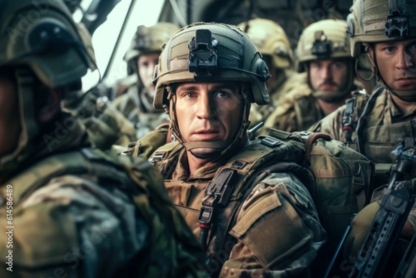 Obraz Paratrooper soldiers on a military cargo plane. Generative AI