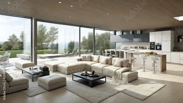 Obraz Living Room and Kitchen Layout Interior Design of a Modern House with Minimalistic Design. Mid-century design of a modern kitchen and living room combined in a contemporary and open-concept layout.