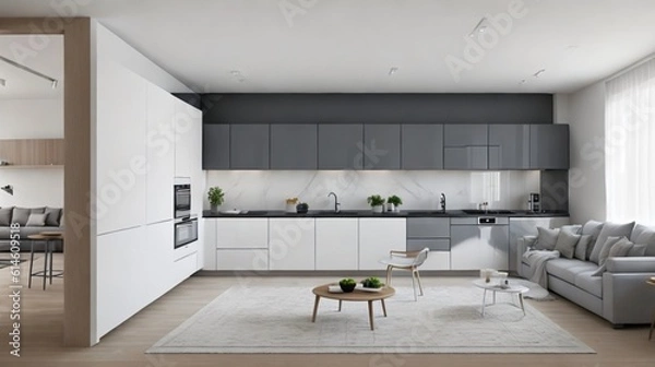 Obraz Living Room and Kitchen Layout Interior Design of a Modern House with Minimalistic Design. Mid-century design of a modern kitchen and living room combined in a contemporary and open-concept layout.